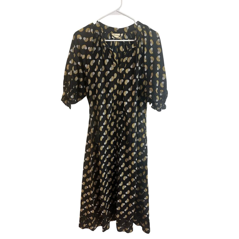 Julia Amory Zoe Dress Black Yellow Paisley Floral Midi Cotton Embroider Sz M